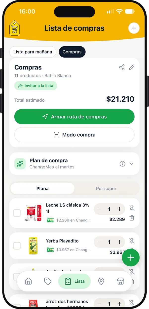 Tu lista, con total y ruta